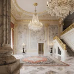 Ballroom radiates opulence with marble floors and gold railings.