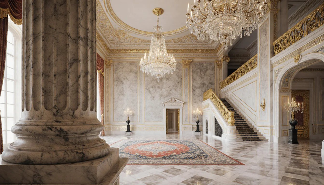 Ballroom radiates opulence with marble floors and gold railings.