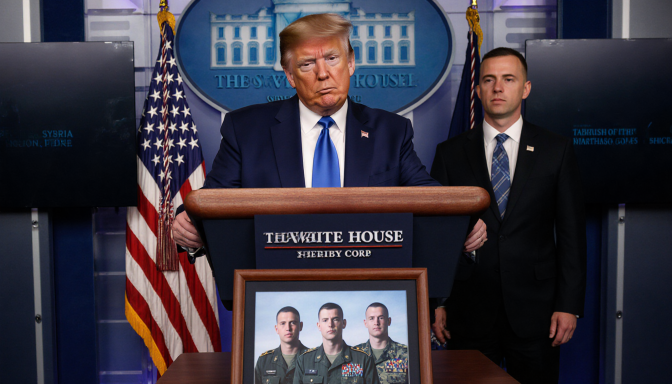President Trump speaking at White House podium with Secretary of Defense beside him and a framed photo of wounded soldiers.