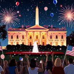 American flag waves fiercely with White House glowing and crowds cheering beneath fireworks.