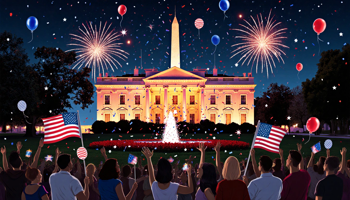 American flag waves fiercely with White House glowing and crowds cheering beneath fireworks.