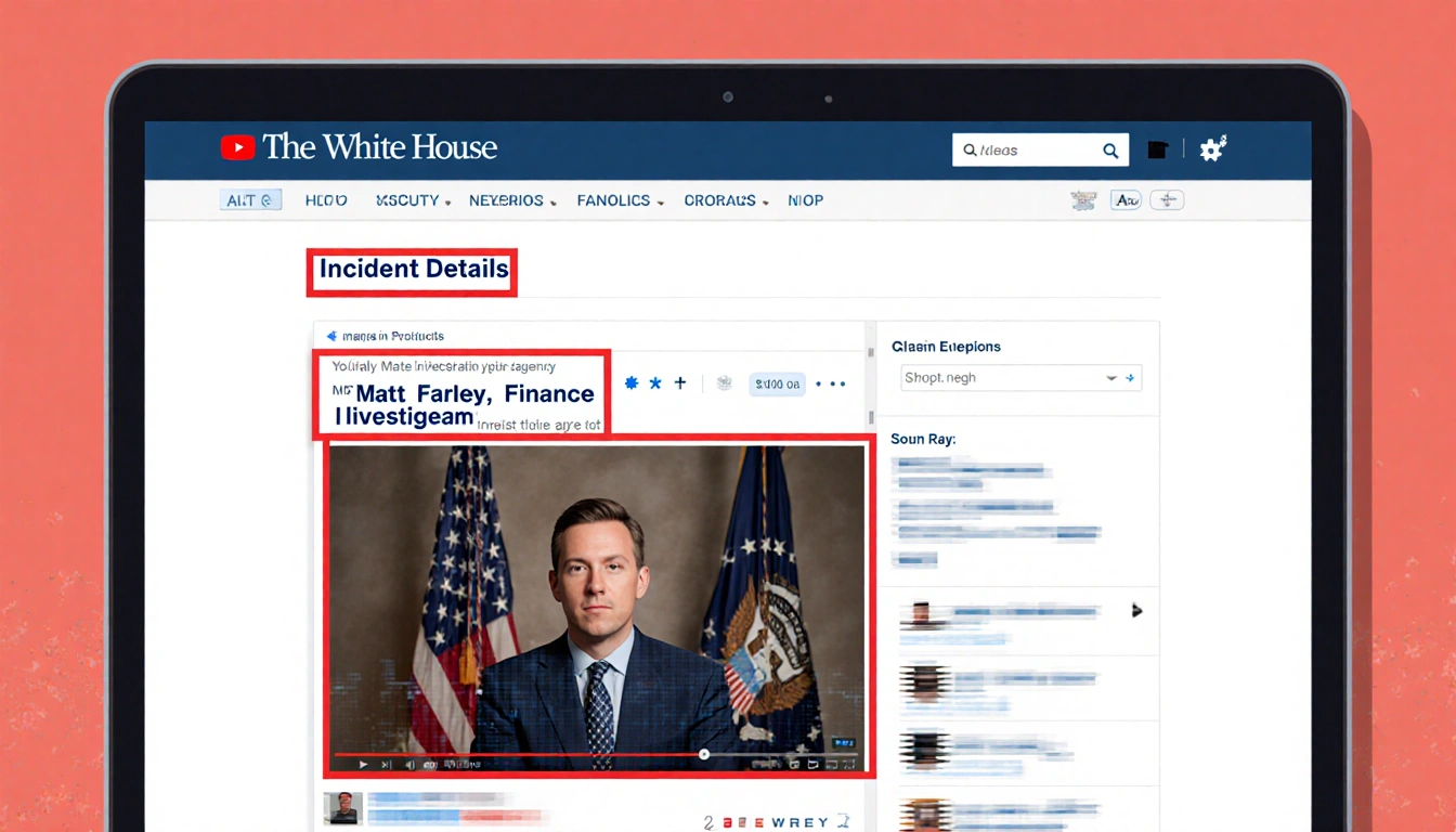 White House website shows incident details in bold red box with glitch and a faint YouTube livestream overlay for investigati
