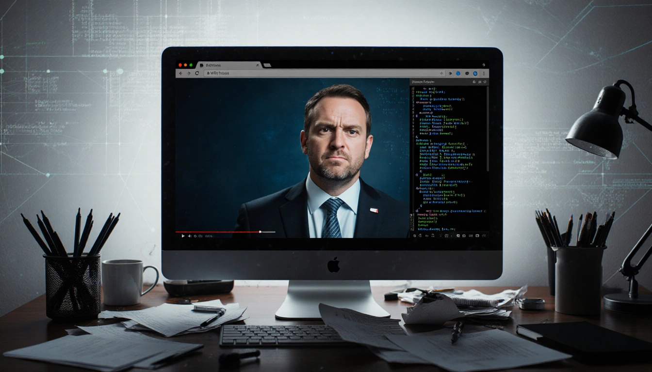 Matt Farley sternly faces screen with unauthorized livestream on darkened White House site and cluttered desk in background
