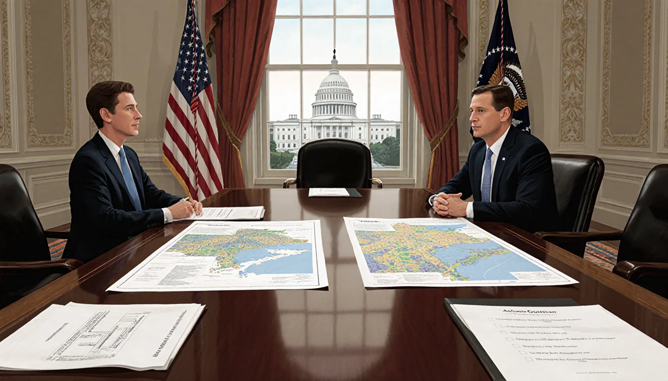 Adam Gustafson sits at a wooden table in the White House meeting room with planning documents and a view of the U.S. Capitol.