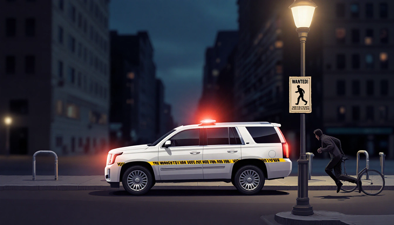 White SUV flashing hazard lights near bike rack with police tape and wanted poster on lamppost