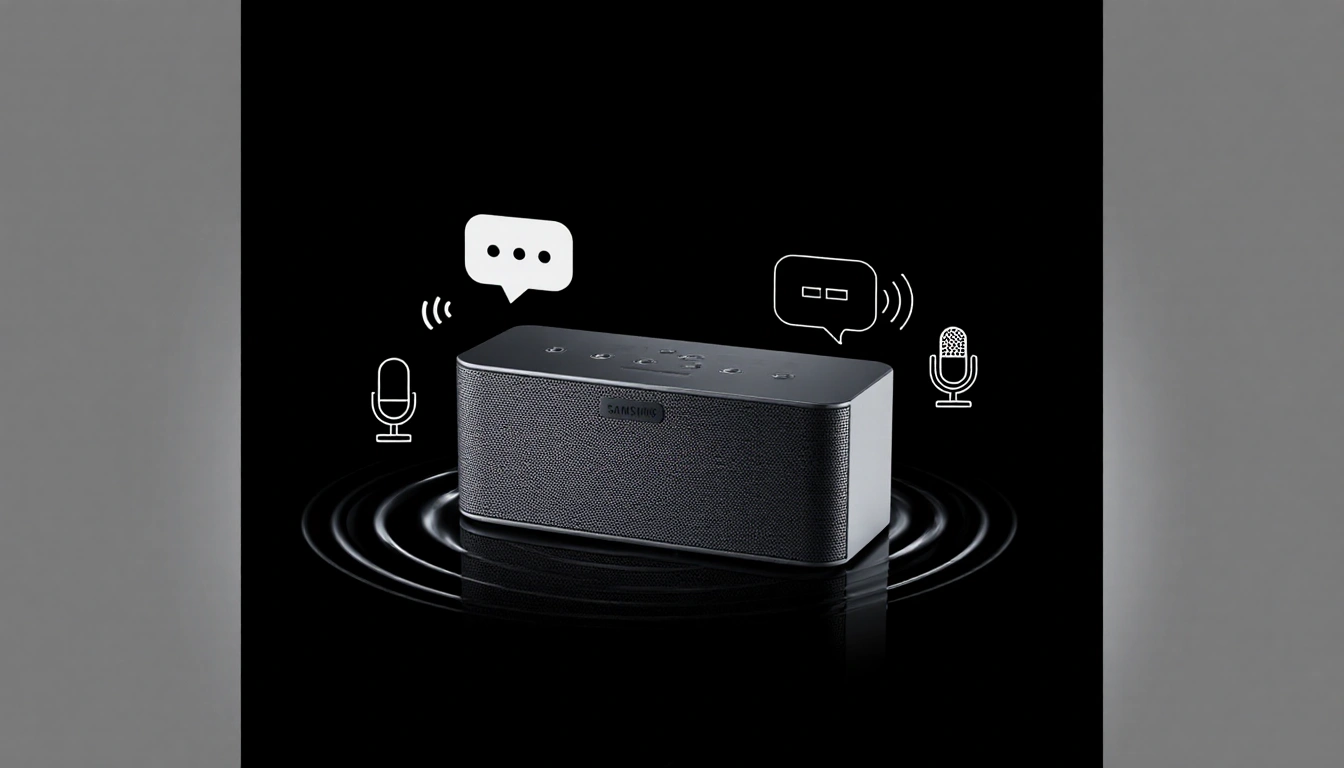 Modern Wi-Fi speaker emits wireless waves with subtle ripples and voice control icons nearby