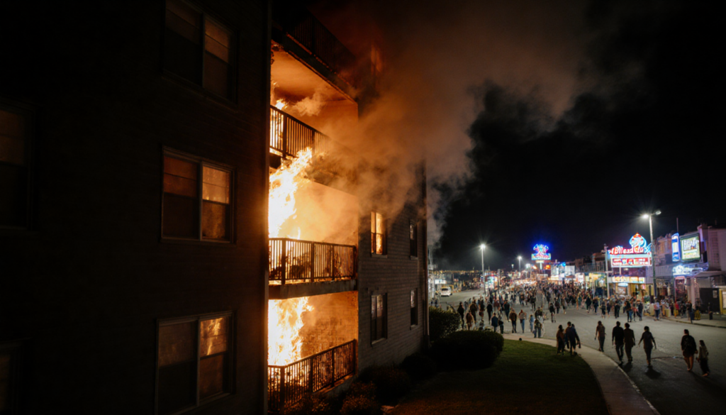 Fire burns Wildwood apartment building with orange flames licking balcony railing and smoke swirling over Jersey Shore boardw