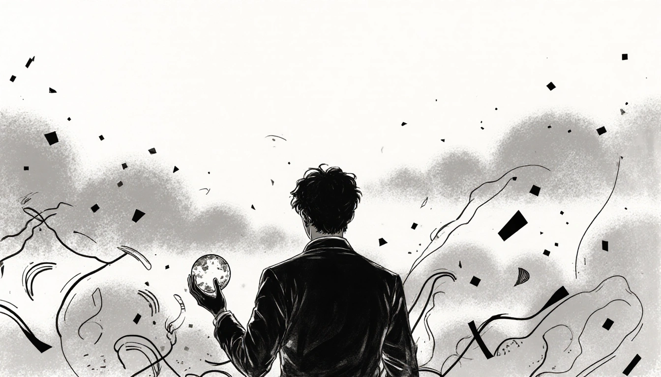 Will Shipley standing in front of a cloudy background with introspective gradient holding a crystal ball with swirling patter