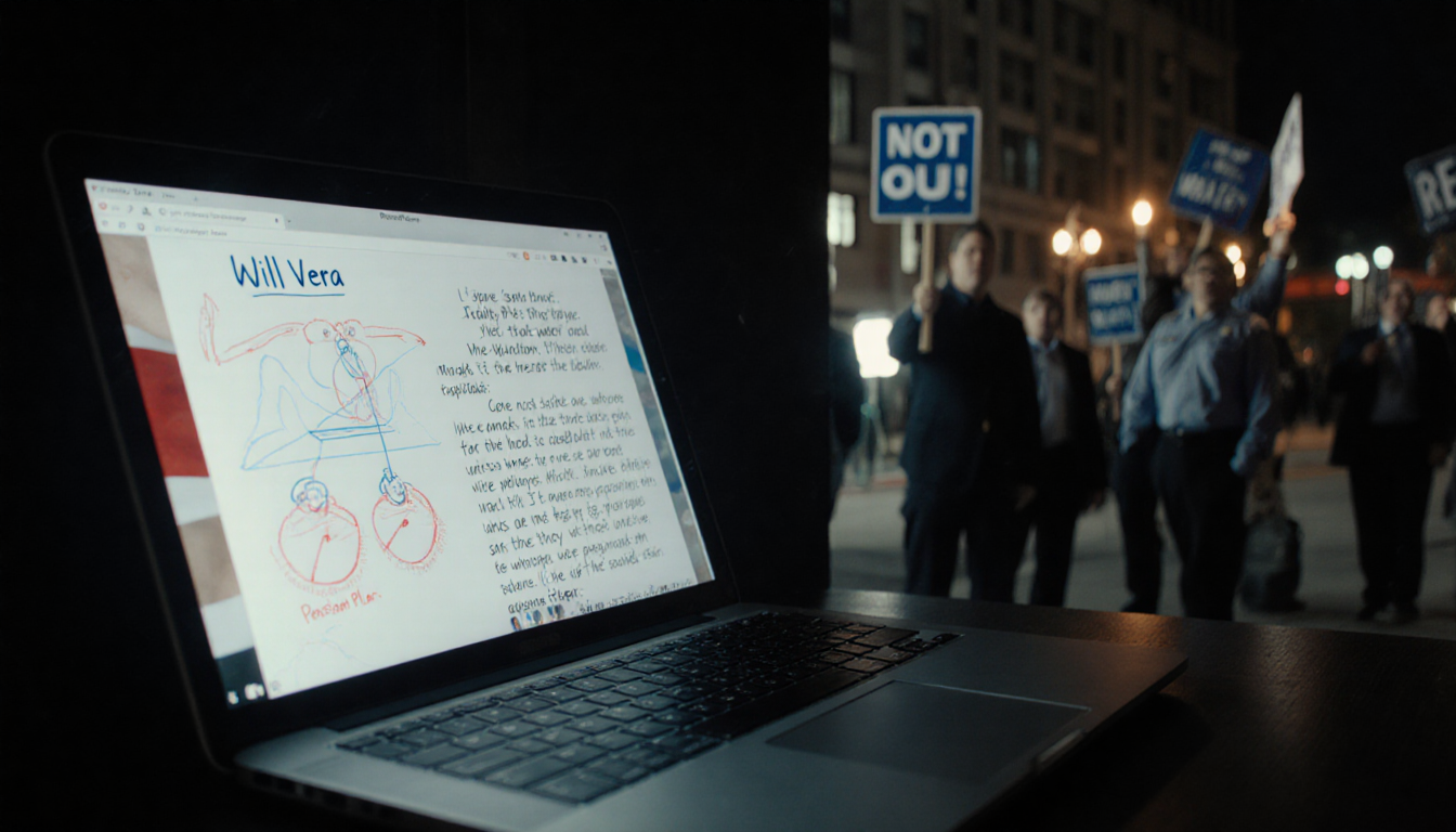 Laptop screen shows Will Vera's statement with distorted and whiteboard notes about pension plan while union officials protes