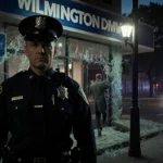 Police officer standing at broken DMV entrance with shattered glass and fleeing figure in the background