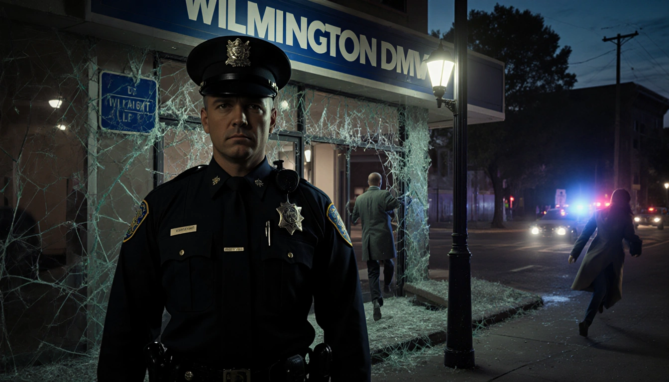 Police officer standing at broken DMV entrance with shattered glass and fleeing figure in the background