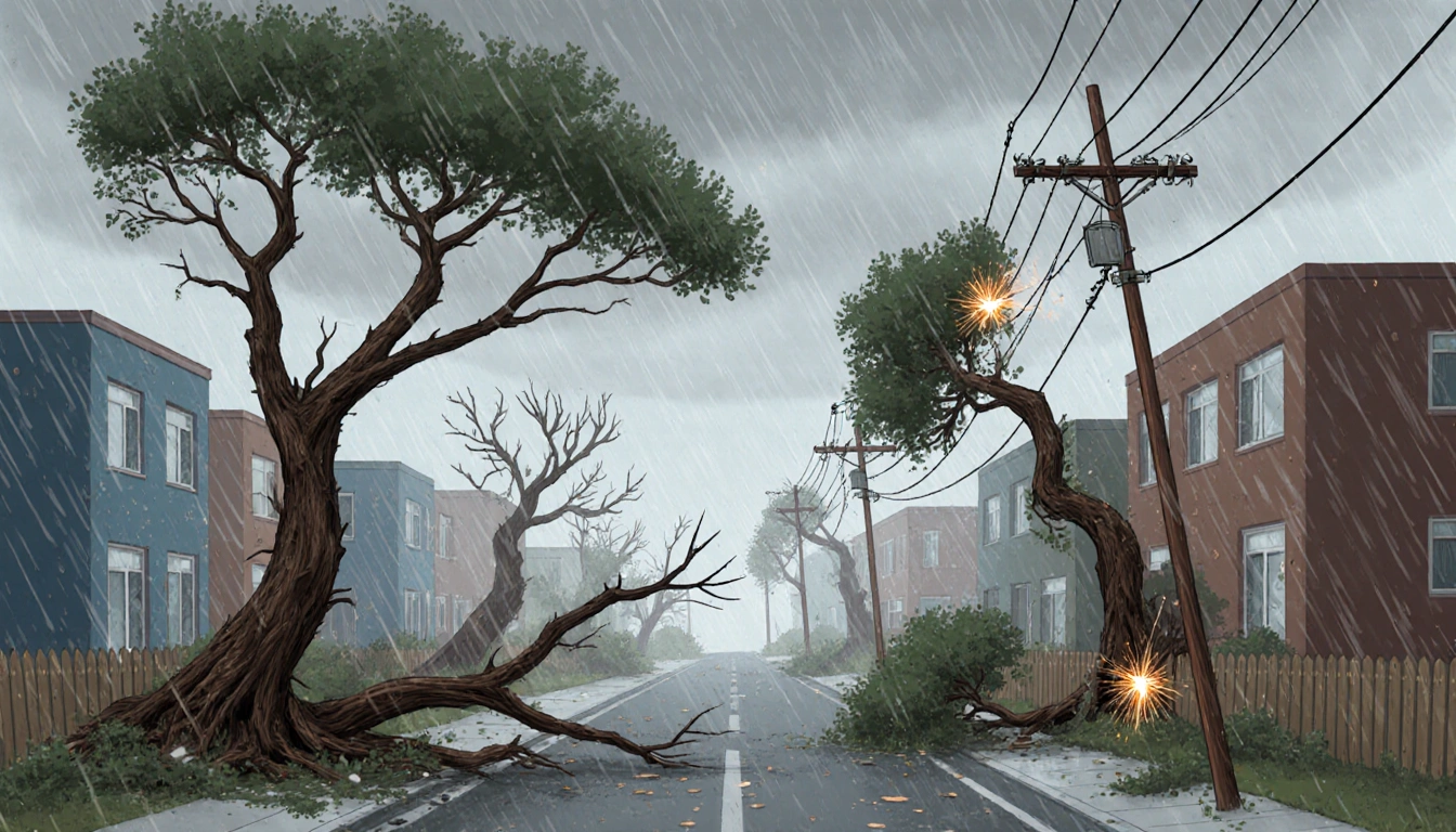 Wind gusts tearing tree limbs with uprooted trees leaning against buildings and sparking power lines.