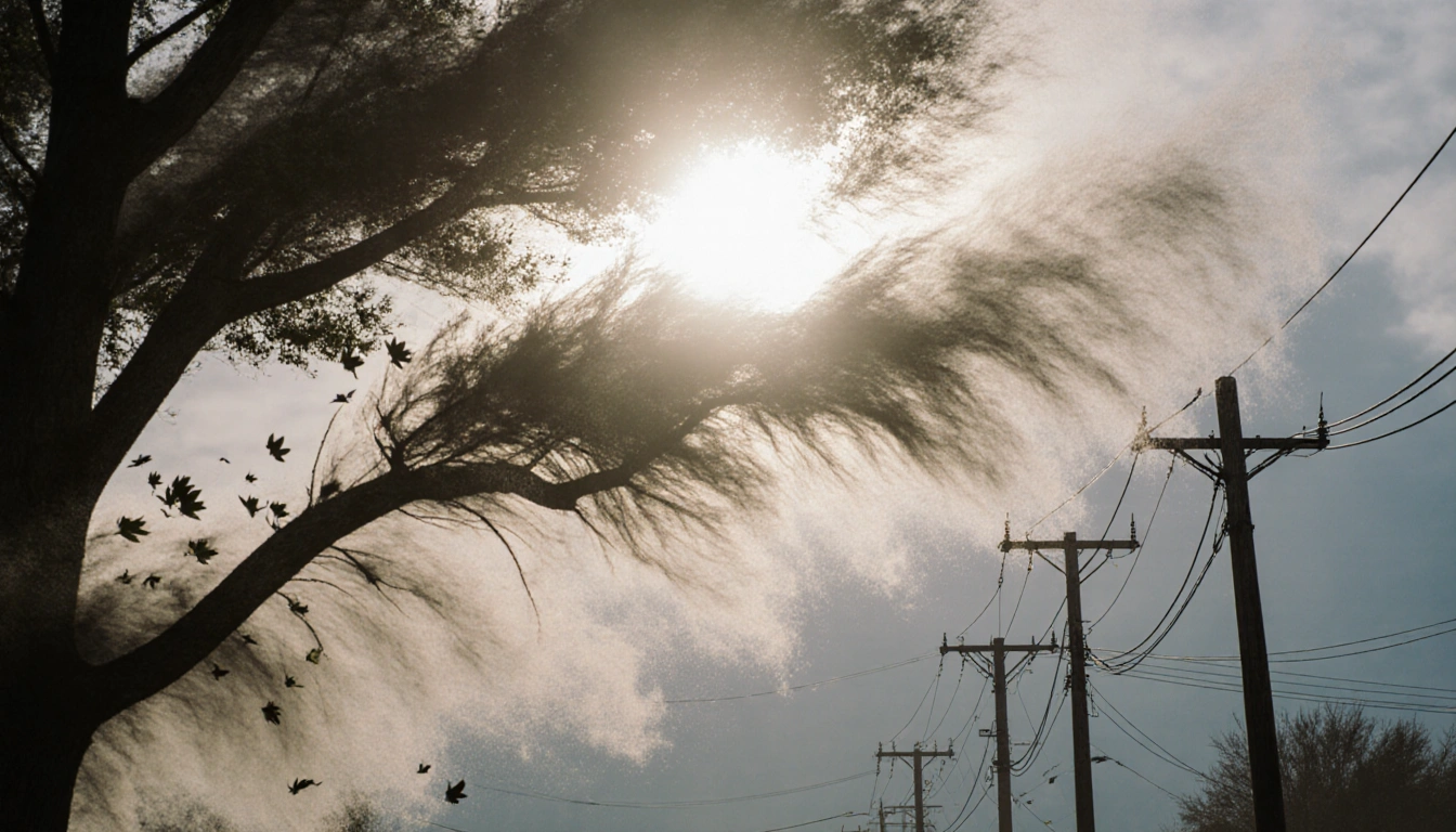 Tree branch swaying in strong gusts with leaves scattering and sunlit power lines in background.