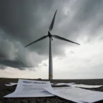 Wind turbine stands still with stormy sky above and scattered project documents on the ground.
