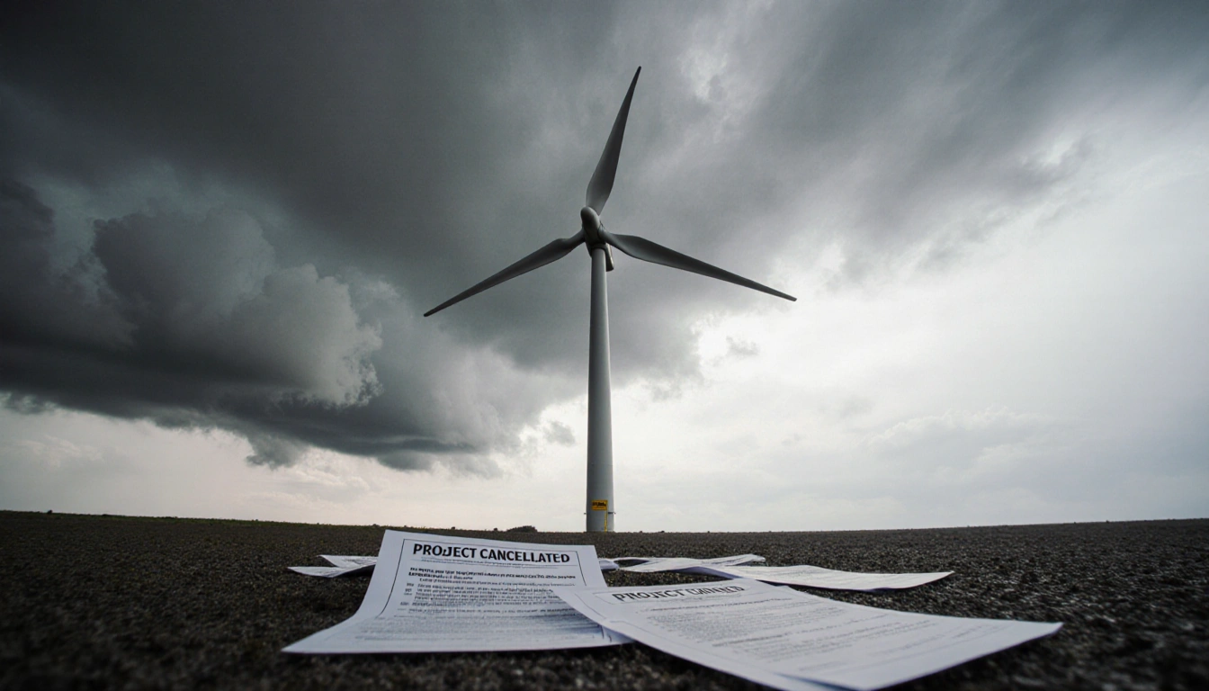 Wind turbine stands still with stormy sky above and scattered project documents on the ground.