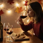 Woman sipping red wine from a bottle with warm golden light surrounded by cheese board and festive lights