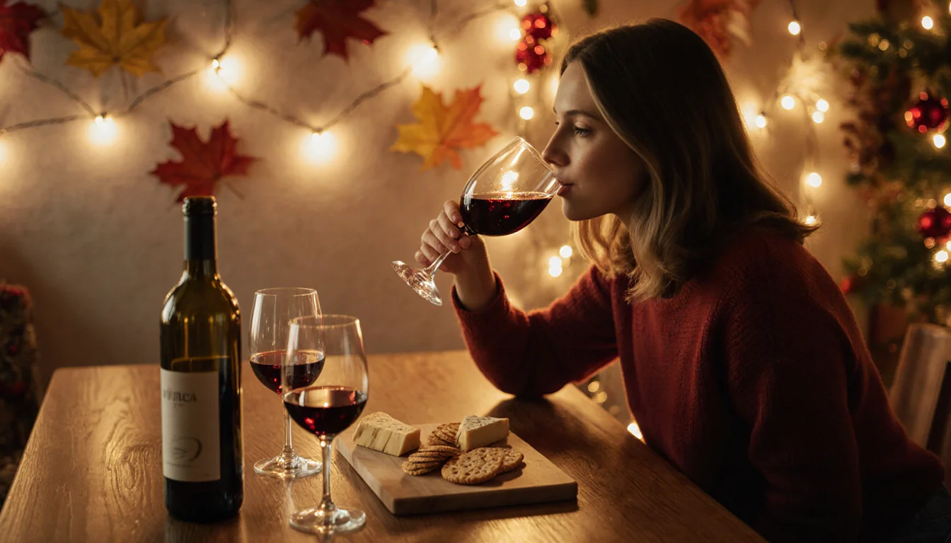 Woman sipping red wine from a bottle with warm golden light surrounded by cheese board and festive lights