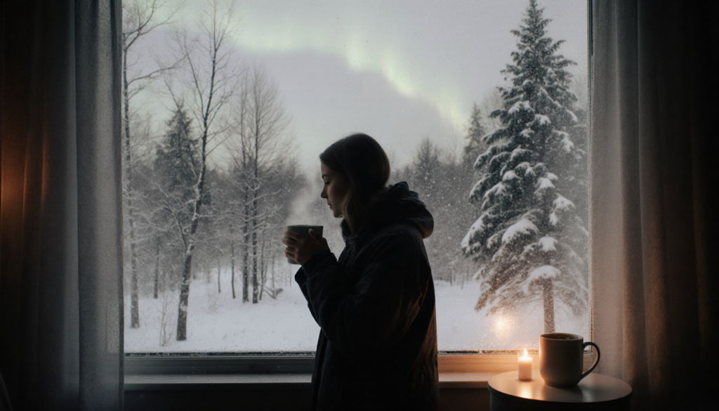 Woman standing at window gazing outside snowy forest with warm light and steaming coffee and faint aurora borealis