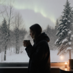 Woman standing at window gazing outside snowy forest with warm light and steaming coffee and faint aurora borealis