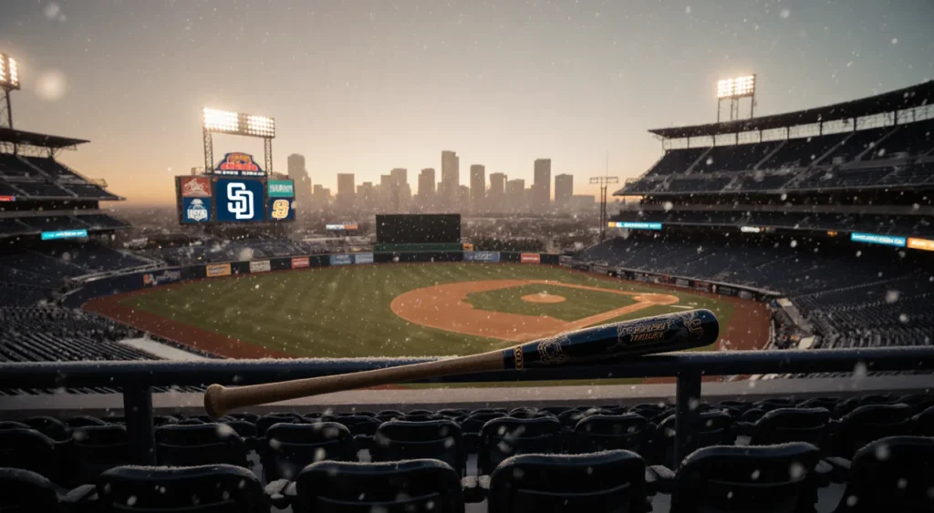 Baseball bat lying across upper deck railing with snowflakes falling and San Diego skyline in mist