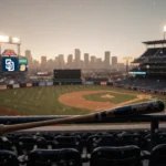 Baseball bat lying across upper deck railing with snowflakes falling and San Diego skyline in mist