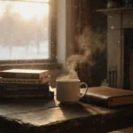 Coffee mug steaming with warm glow from fireplace and snowy window and books nearby