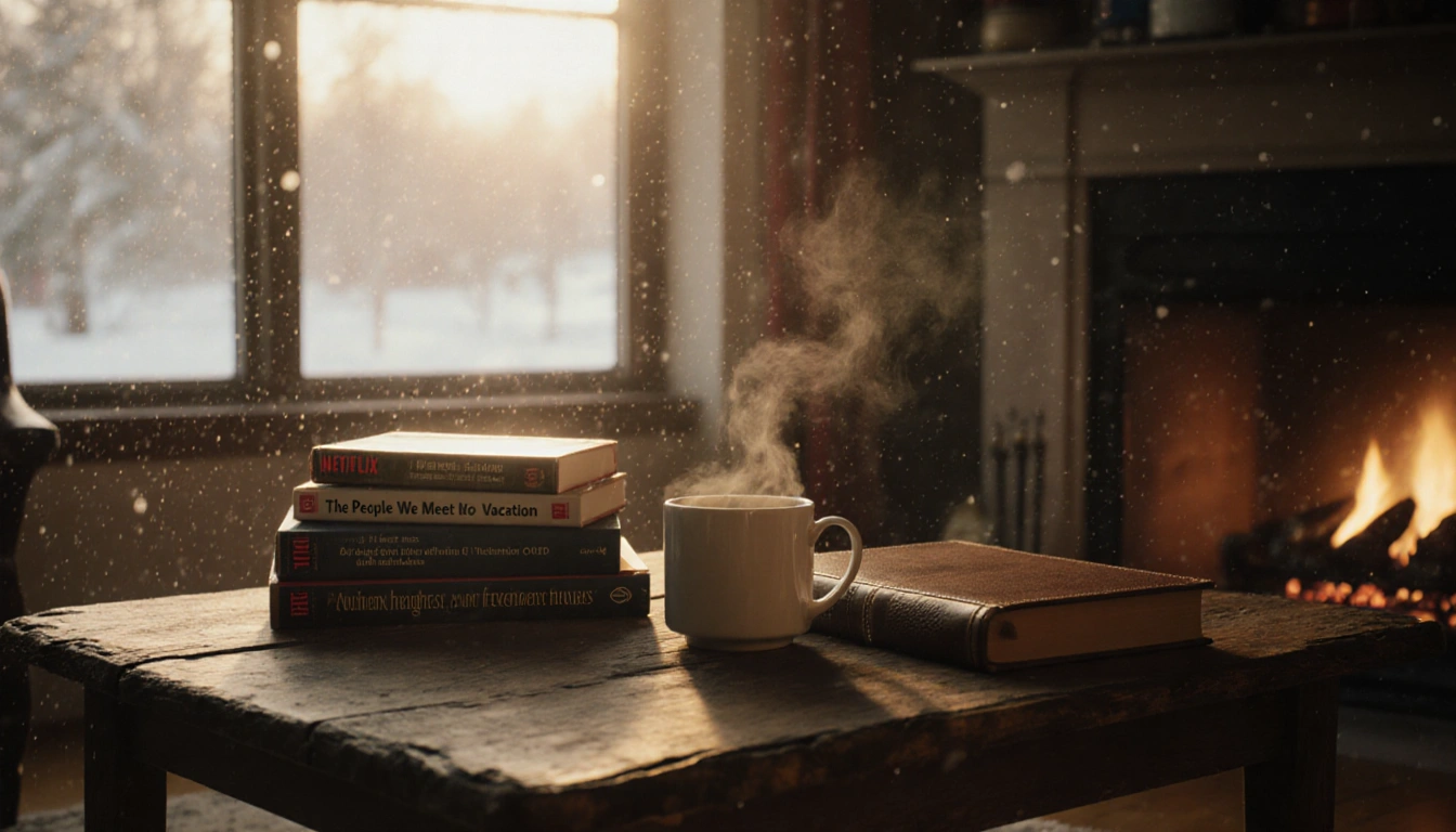 Coffee mug steaming with warm glow from fireplace and snowy window and books nearby