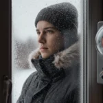 Person bundled in winter coat standing by frosty window with falling snow and gas meter with dollar signs and thermostat
