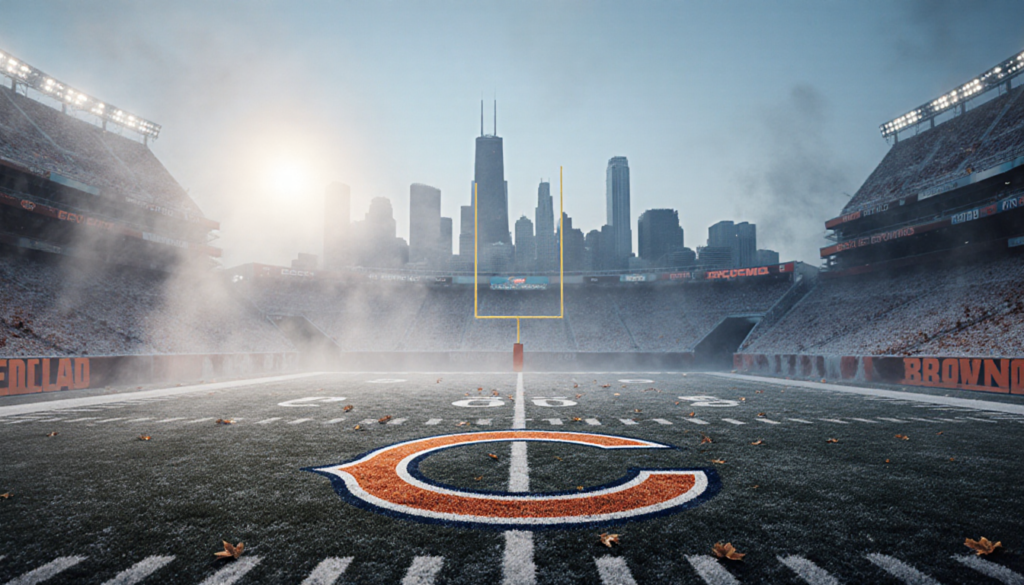 Football field shrouded in misty fog with icy wind blowing across the ground near Chicago Bears