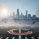 Football field shrouded in misty fog with icy wind blowing across the ground near Chicago Bears