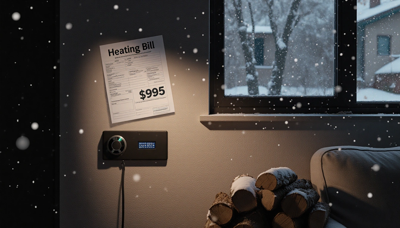 Window showing falling snow with winter interior featuring a $995 heating bill and thermostat