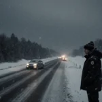 Lone figure looking out at a snowy highway with cars stuck in snow and headlights glowing in the night