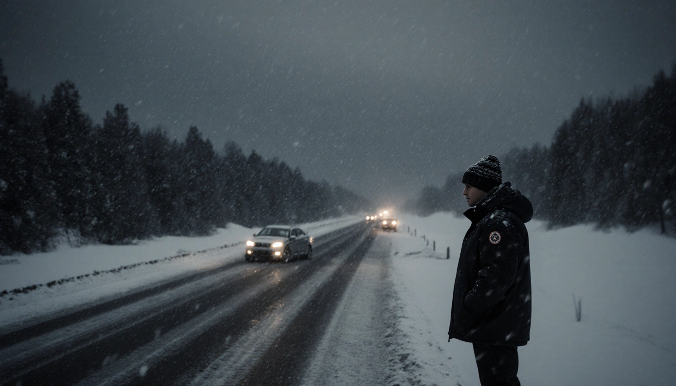 Lone figure looking out at a snowy highway with cars stuck in snow and headlights glowing in the night