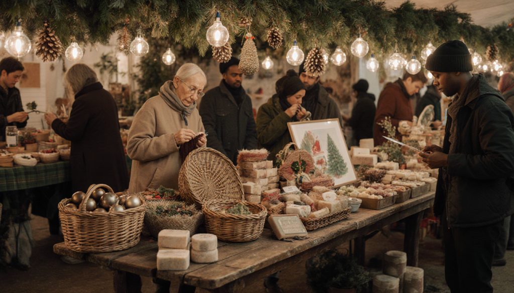 People knitting beside a wooden table with woven baskets and ceramic ornaments in a winter market with handcrafted charm