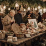 People knitting beside a wooden table with woven baskets and ceramic ornaments in a winter market with handcrafted charm