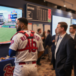 J.T. Realmuto stands before a large screen showing a baseball stadium with agents discussing nearby