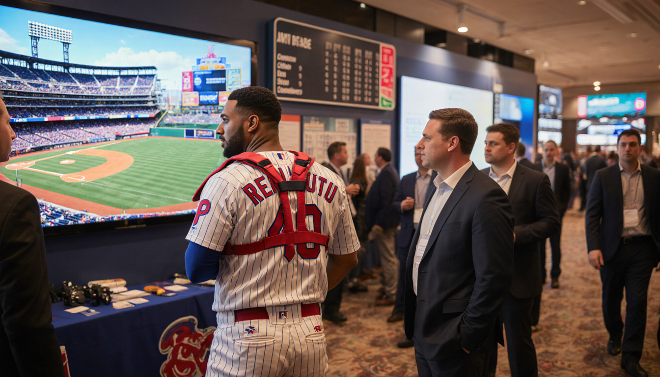 J.T. Realmuto stands before a large screen showing a baseball stadium with agents discussing nearby