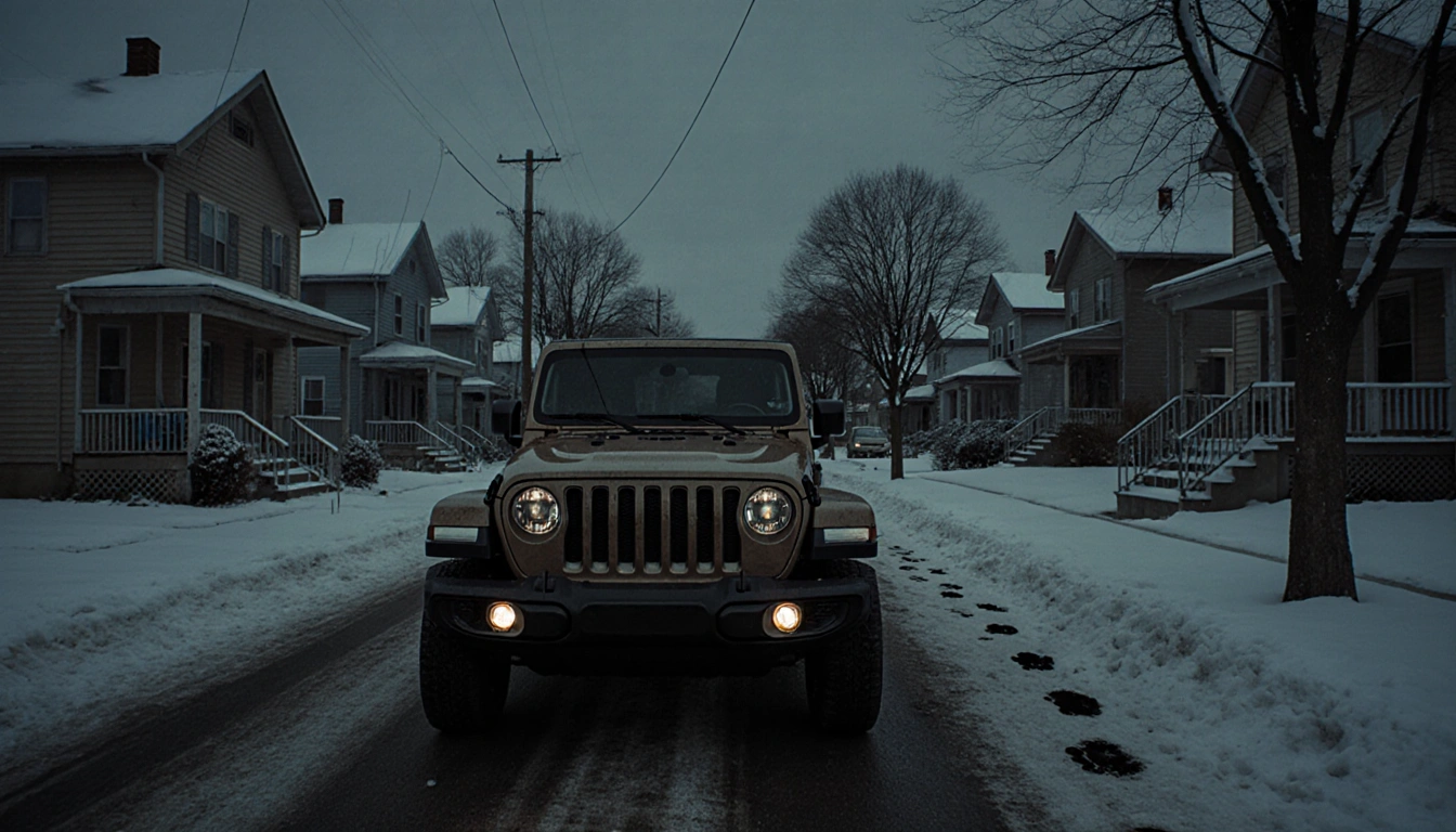 Jeep Wrangler sits idly on snowy curb with warm engine and footprints leading away