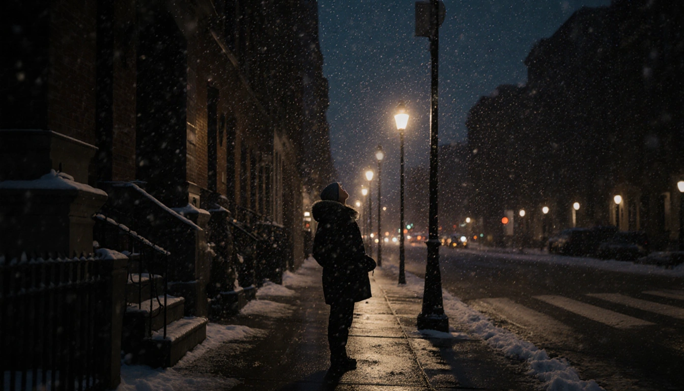 Group walking down sidewalk in Philadelphia bundled winter gear with falling snowflakes and warm streetlights on wet pavement