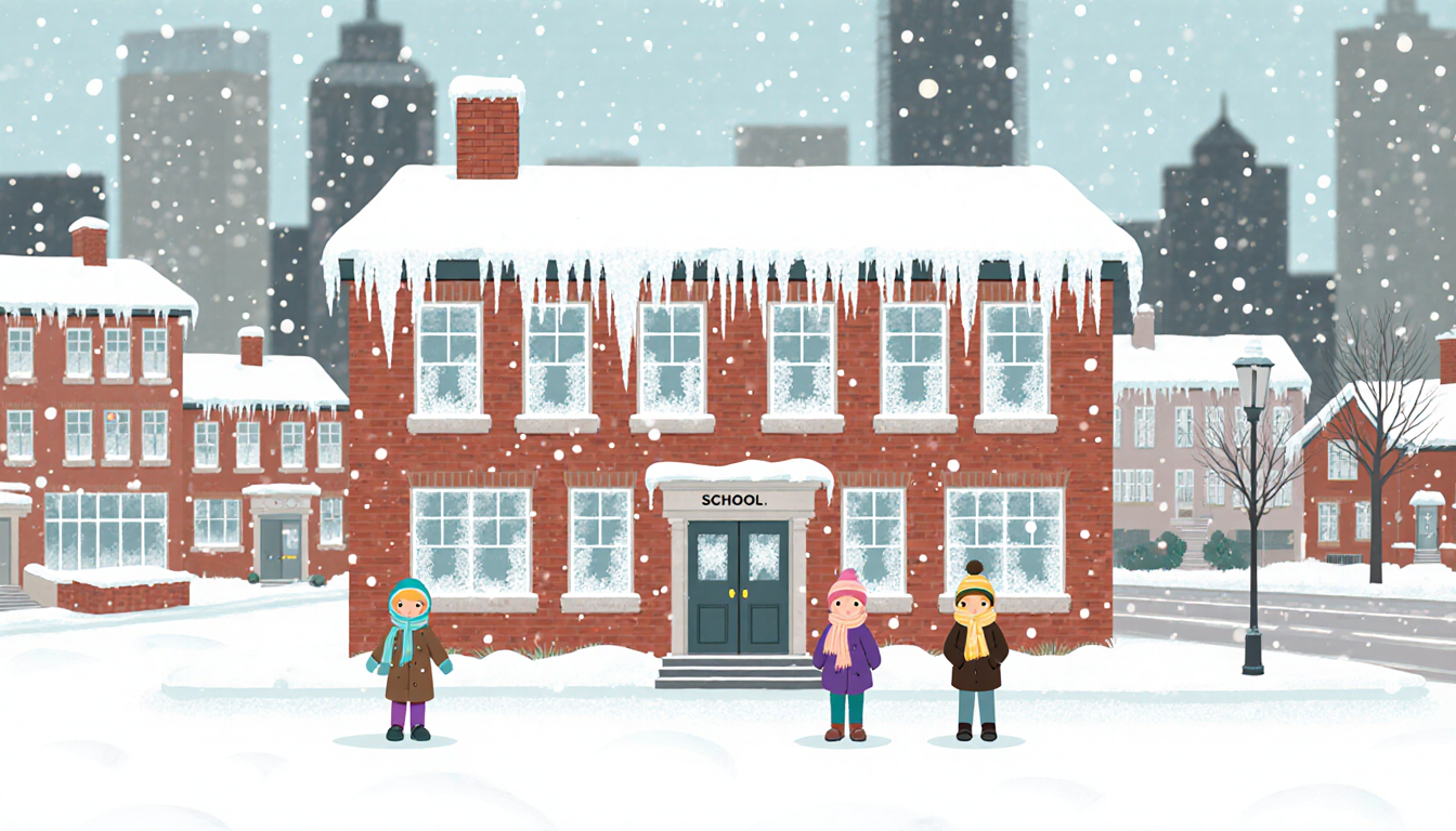 Children waiting at a snow‑covered school with frosty windows and icicles in a winter city.