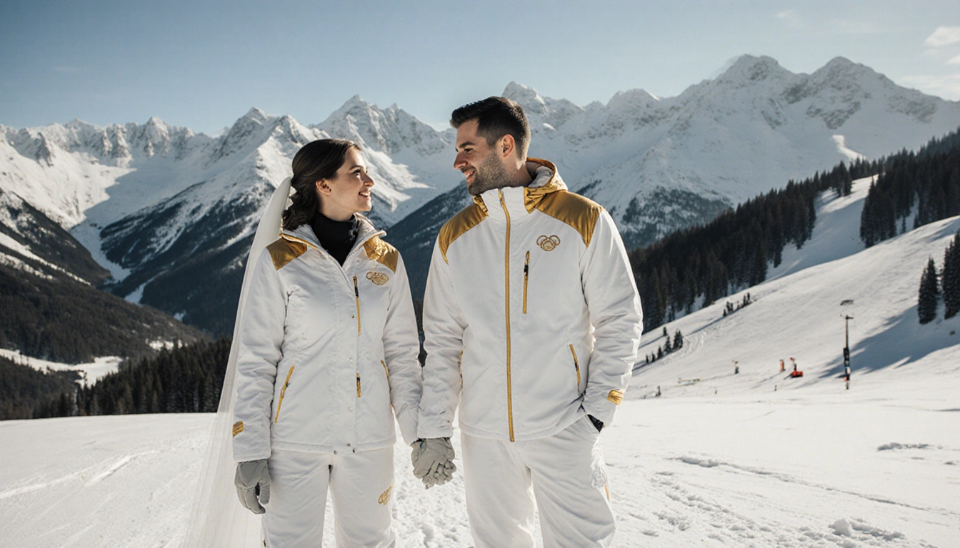 Caldwell and Justin standing holding hands with snow-covered mountains and a ski slope behind
