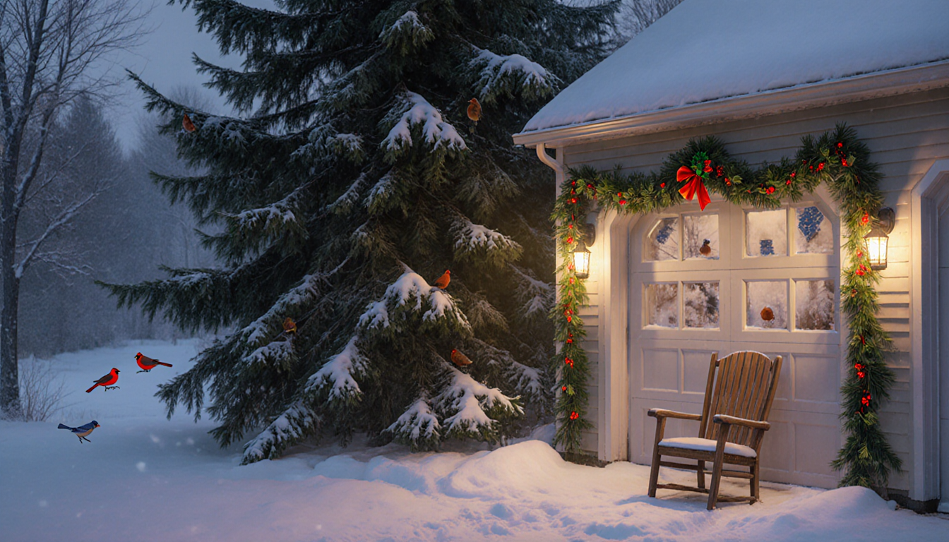 Dan sits in a porch chair watching cardinals and sparrows fly past a Norway spruce beside the garage with snow