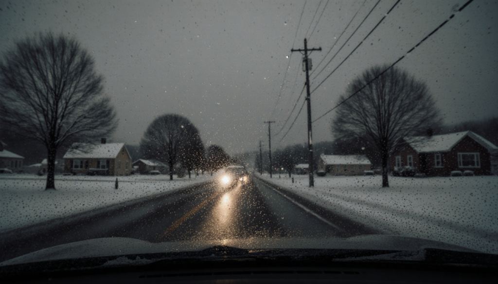 Car windshield catching snowflakes with headlights lighting wet road and snowy trees in foreground