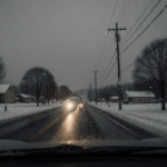 Car windshield catching snowflakes with headlights lighting wet road and snowy trees in foreground