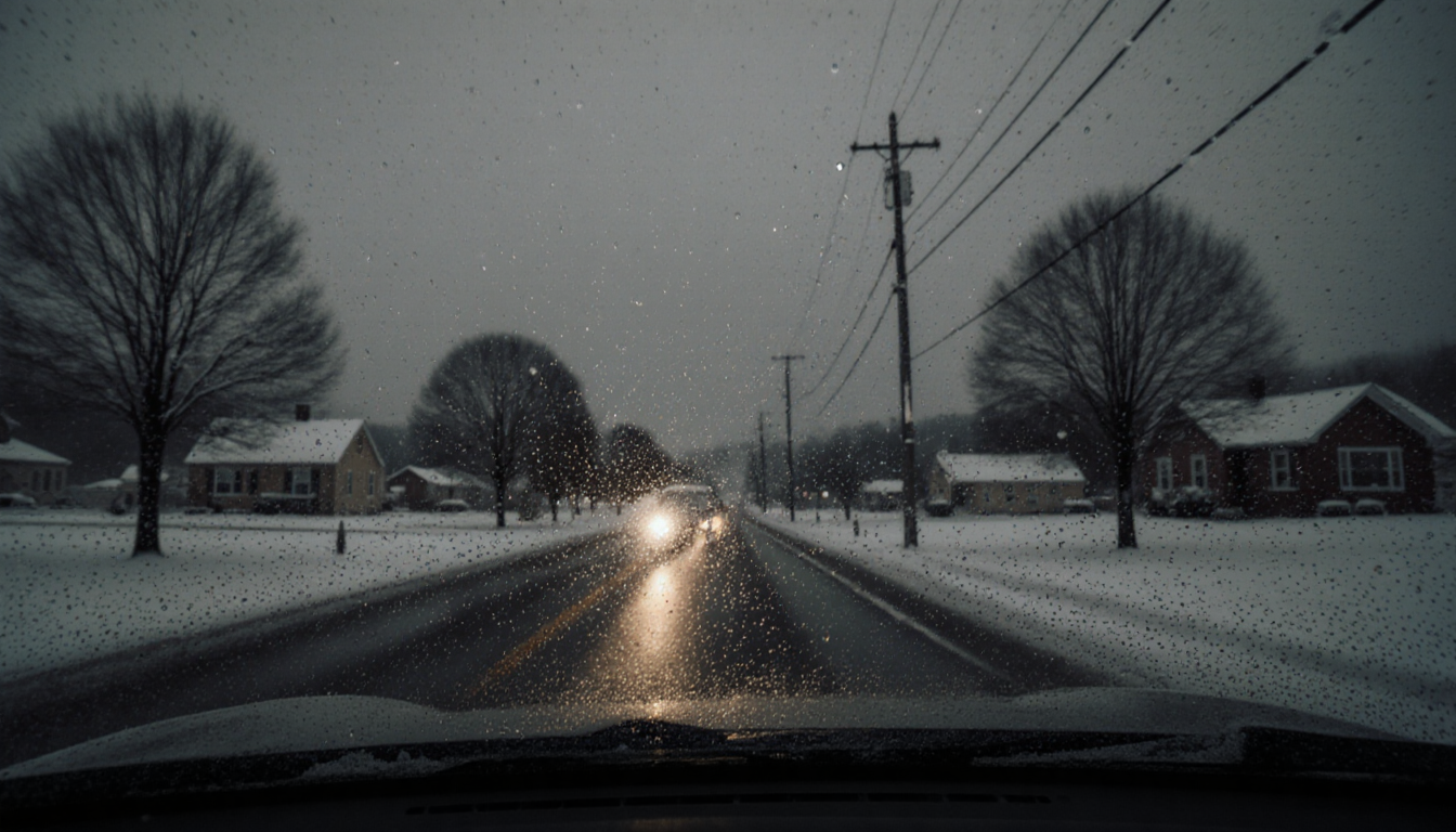 Car windshield catching snowflakes with headlights lighting wet road and snowy trees in foreground