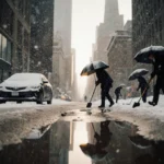 Pedestrian shoveling snow on wet pavement with towering skyscrapers reflected in a puddle during a winter storm