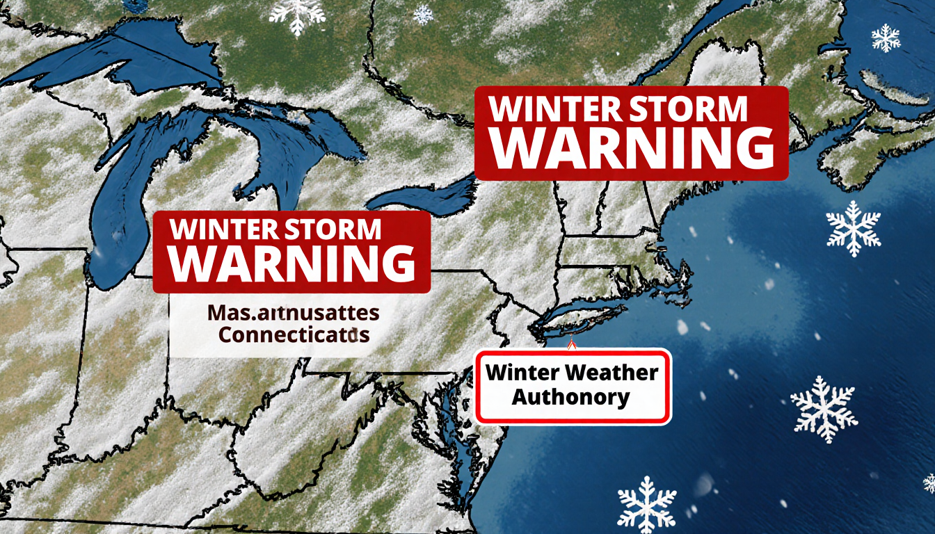 Map displaying winter storm warnings with bold red alerts over Massachusetts New Hampshire Vermont and snowflake details