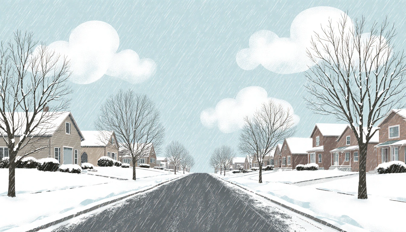 Snow settles on Pennsylvania suburban street with trees and cozy winter houses