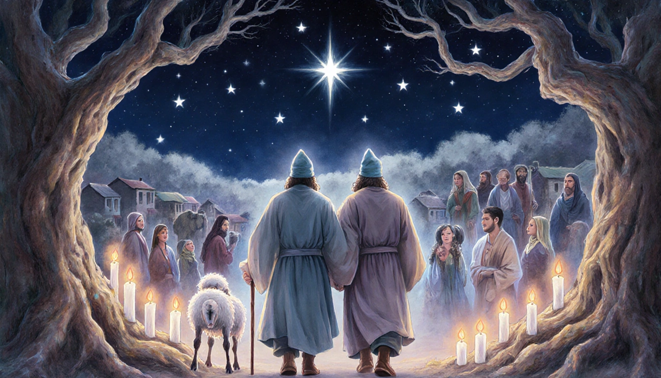 Two travelers walking together with gnarled trees and candles under a starry night sky with background community.