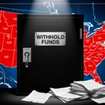 Locked cabinet beams under spotlight with map of the United States highlighted in red and torn papers nearby